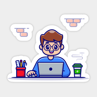 Man Working On Laptop With Coffee And Stationary Sticker